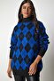 Women's Blue Diamond Patterned Oversize Knitwear Sweater YY00162 - 2