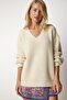 Women's Cream V-Neck Oversize Basic Knitwear Sweater MX00130