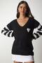 Woman's Black and White Block Colorful V-Neck Knitwear Sweater KI00092