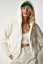 Women's Cream Hooded Zippered Fleece Sweatshirt MC00216 - 3