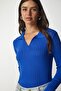 Women's Dark Blue Polo Collar Ribbed Knit Sweater BV00011