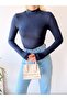 Women's Navy Blue High Collar Long Sleeve Viscose Blouse - 3