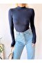 Women's Navy Blue High Collar Long Sleeve Viscose Blouse - 4