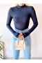 Women's Navy Blue High Collar Long Sleeve Viscose Blouse - 6