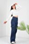 Dark Blue Cargo Loose Back Pocket Lycra Super High Waist Jean Trousers