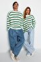 Yeşil Casual Unisex Oversize Fit Geniş Kalıp Bisiklet Yaka Çizgili Triko Kazak TMNAW23KZ00285 - 2