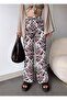Women's Patterned Brown White Wide Leg Elastic Waist Linen Blend Loose Cut Trousers - 3