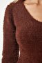 Woman's Brown V-Neck Bearded Knit Sweater NF00072 - 4