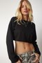 Woman's Black Ripped Detailed Knit Crop Sweater KI00097