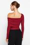 Claret Red Asymmetric Collar Detailed Draped Fitted/Body-Fitted Wrap/Textured Knitted Body TWOAW23BD00043 - 5