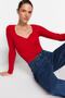 Red Heart Collar Long Sleeve Ribbed Stretchy Snap Knitted Body TWOAW22BD0018 - 2