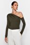 Khaki Asymmetric Collar Long Sleeve Stretch Snap Knitted Body TWOAW22BD0080 - 3