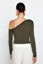 Khaki Asymmetric Collar Long Sleeve Stretch Snap Knitted Body TWOAW22BD0080 - 7