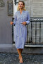 White-Blue Shirt Collar Long Sleeve Striped Button Pocket Belted Woven Dress - 5