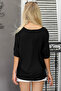 Black V-Neck Bat Sleeve Solid Color Knitted Blouse - 8
