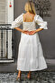 White Square Neck Balloon Sleeve Solid Color Embroidered Woven Dress - 8