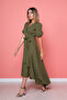 Khaki Asymmetric Cut Double Breasted Collar Short Sleeve Woven Draped Fabric Dress - 4