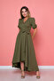 Khaki Asymmetric Cut Double Breasted Collar Short Sleeve Woven Draped Fabric Dress