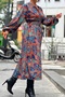 Women's Printed Suede Fabric Long Sleeve Midi Length Belt Detailed Oversize Suede Molding Shirt Dress 6003 - 3