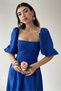 Women's Atlas Fabric Short Balloon Sleeve Strapless Collar Pleated Flared Cut Midi Length Cobalt Blue Dress 167 - 2