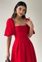 Women's Atlas Fabric Short Balloon Sleeve Strapless Collar Pleated Flared Cut Midi Length Red Dress 167 - 5