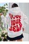 Women's White Love Yourself Printed Oversize Hooded Sweatshirt