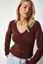 Woman's Brown V-Neck Bearded Knit Sweater NF00072 - 2