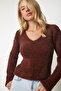 Woman's Brown V-Neck Bearded Knit Sweater NF00072 - 3