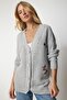 Women's Gray Floral Embroidered Textured Knitwear Cardigan KG00002 - 3