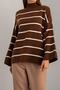 Women's Brown Oversize Striped Half Turtleneck Knitwear Sweater, Striped Sweater, Women's Sweater