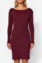 Claret Red Ribbed Back Detailed Crew Neck Fitted Mini Stretch Knitted Dress TWOAW24EL00390 - 4