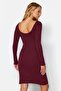Claret Red Ribbed Back Detailed Crew Neck Fitted Mini Stretch Knitted Dress TWOAW24EL00390 - 5