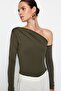Khaki Asymmetric Collar Long Sleeve Stretch Snap Knitted Body TWOAW22BD0080 - 4