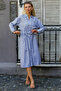 White-Blue Shirt Collar Long Sleeve Striped Button Pocket Belted Woven Dress - 6