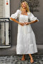 White Square Neck Balloon Sleeve Solid Color Embroidered Woven Dress - 4