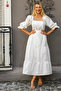 White Square Neck Balloon Sleeve Solid Color Embroidered Woven Dress