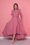 Dusty Rose Asymmetric Cut Double-Breasted Collar Short Sleeve Woven Drapey Fabric Dress - 3