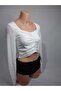 Women's White Gathered Front Long Sleeve Heart Collar Parachute Fabric Crop - 2