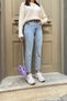High Waist Lycra Blue Snow Wash Boyfriend Jeans Flexible Mom Denim Pants - 5