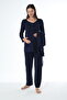 Navy Blue Maternity Long Sleeve Maternity Pajamas Set with Dressing Gown - 4