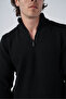 Black Men's Zigzag Embroidered Stand Collar Short Zippered Knitwear Wool Sweater - 5