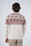 Beige Men's Hair Braided Jacquard Deer Patterned Crew Neck Knitwear Wool Sweater - 3