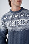 Indigo Men's Hair Braided Jacquard Deer Patterned Crew Neck Knitwear Wool Sweater - 5