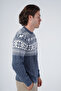 Indigo Men's Hair Braided Jacquard Deer Patterned Crew Neck Knitwear Wool Sweater - 2