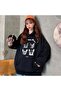 سويت شيرت بقلنسوة كبير الحجم للجنسين من LAGOM MODA Meowtallica مطبوع باللون الأسود