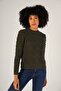 Khaki Women's Pom Pom Patterned Openwork Crew Neck 100% Cotton Sweater - 3