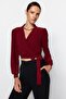 Bordo Kruvaze Kapamalı Crop Esnek Örme Bluz TWOAW24BZ00071 - 2