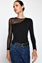 Black Tulle Detailed Snap Flexible Knitted Body TWOAW24BD00021 - 2