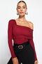Claret Red Asymmetric Collar Detailed Draped Fitted/Body-Fitted Wrap/Textured Knitted Body TWOAW23BD00043 - 2