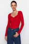 Red Heart Collar Long Sleeve Ribbed Stretchy Snap Knitted Body TWOAW22BD0018 - 3